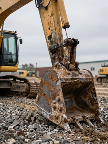 Close environmental shot from ground level — a tracked excavator bucket resting on compacted gravel in an equipment yard, hydraulic arm visible above, overcast sky diffusing light evenly across the worn bucket teeth and steel surface, showing real condition and scale without glare