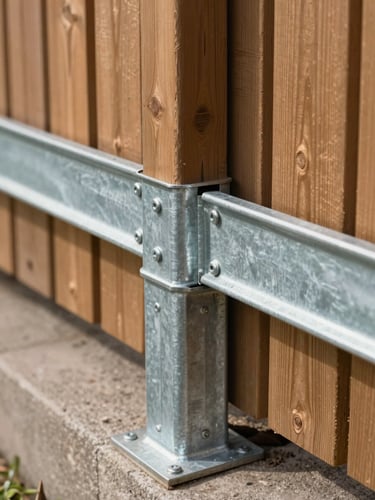 Close-up of a galvanized post base and fence rail joint on a wood privacy fence, shot in clear daylight — bolt hardware visible, wood grain tight against the metal bracket, concrete footing visible at the base, clean and matter-of-fact framing