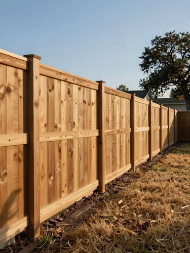 Wide environmental shot of a completed cedar wood privacy fence running the full length of a residential backyard in the East Bay, photographed in clear California afternoon daylight. The fence line is straight and true, posts evenly spaced, boards flush and level. Dry grass and a mature oak at the far right edge provide geographic context. Framed from ground level with the fence filling the horizontal plane, no people, no staging.