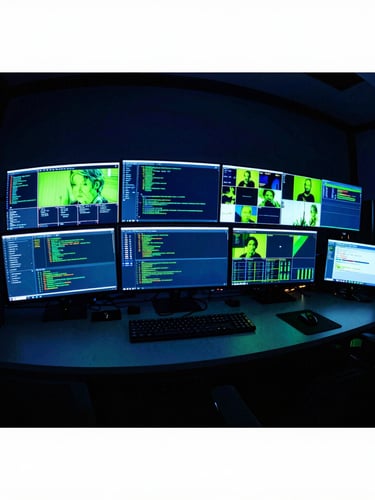 Moody late-night studio setup with multiple glowing monitors displaying code and video feeds, high-contrast neon electric blue and lime green under-glow, harsh shadows, wide-angle lens.