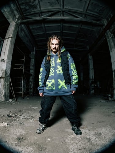 Gritty flash photography of a model in a dark concrete warehouse wearing an oversized slate blue hoodie with electric lime green graphic prints, harsh direct lighting, wide-angle fish-eye lens.
