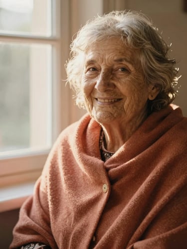 An elderly woman smiling warmly, sitting by a sunlit window with a soft terracotta-colored shawl, natural golden light, warm editorial photography style.