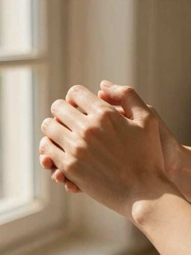Close-up of two hands gently holding each other, warm natural window light, soft golden tones, shallow depth of field, authentic emotional connection