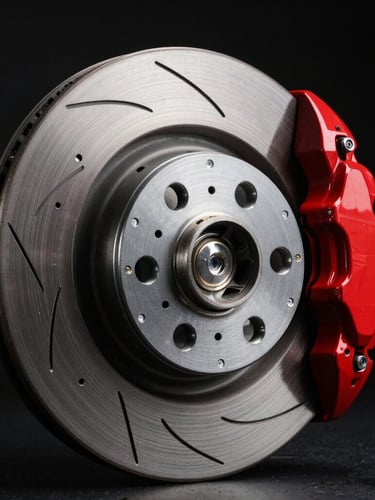 Dramatic low-key studio shot of a mechanical brake caliper and ventilated disc rotor, metallic reflections, high-contrast red brake caliper glowing against deep black background.