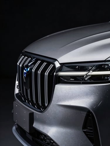 Extreme close-up of a high-gloss modern luxury SUV front grille, sharp metallic reflections, low-key dramatic studio lighting on black background.