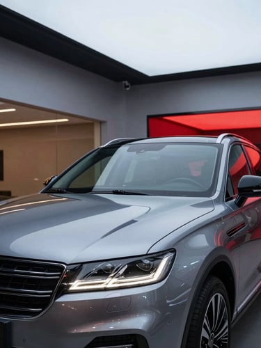 Wide cinematic shot of a brand new luxury SUV parked inside a high-tech showroom at twilight, sharp metallic reflections on the hood, deep red accent lighting in the background, clean architectural lines.