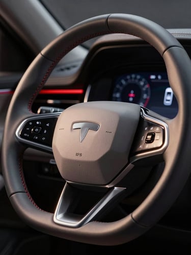 Extreme close-up of a modern luxury electric vehicle dashboard and steering wheel, sharp metallic reflections, low-key dramatic studio lighting, digital cockpit glowing in red and silver.