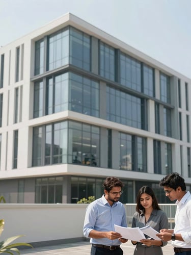 Wide environmental shot of a modern, clean architectural office in Bengaluru, natural daylight, cool professional tones, with a small team in the foreground discussing documents.