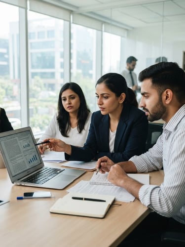 Collaborative team session in a modern, bright office in Gurugram, professionals reviewing legal documents on a laptop, natural daylight, cool professional tones, shallow depth of field.