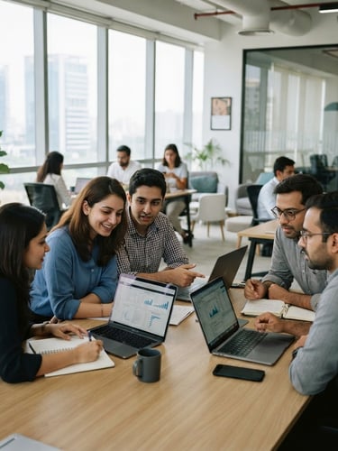 Modern, bright office interior in Gurugram, collaborative team session around laptops, clean desks, professional tones, shallow depth of field, 35mm