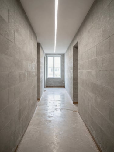 Close-up wide shot of a freshly renovated building corridor interior — painted concrete block walls, new LED strip lighting overhead, clean epoxy floor mid-installation, natural light entering from a window at the far end, no people, documentary framing