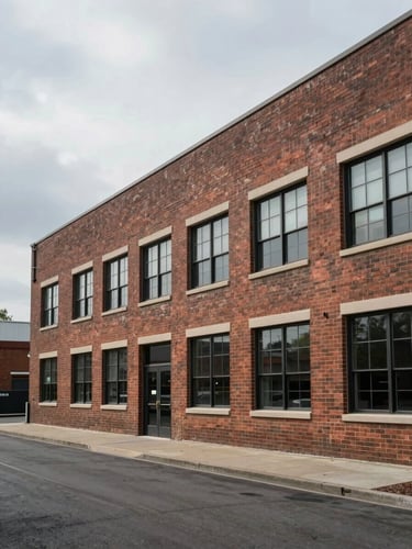 Wide environmental shot of a mid-rise commercial building exterior, overcast natural daylight, brick facade with industrial windows visible in right two-thirds of frame, empty foreground street, documentary framing with no staging