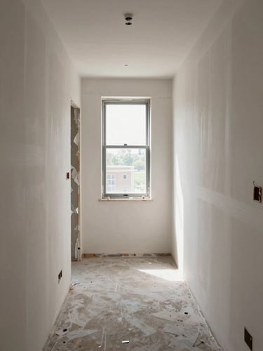 Interior common hallway of a mid-renovation residential building, natural daylight through end window, exposed drywall on one side and freshly painted wall on the other showing work in progress, no people, close environmental framing with operational detail visible