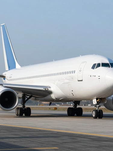 A high-tech environmental shot of a modern cargo aircraft on a bright runway, cool blue tones, crisp morning daylight, sharp focus.