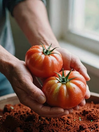 Hands of a local farmer holding freshly harvested organic heirloom tomatoes, rich red soil, soft afternoon window light, 35mm film look, warm editorial photography.