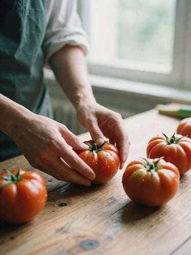 Hands of a chef gently arranging fresh heirloom tomatoes on a rustic wooden table, soft afternoon window light, warm editorial photography style.