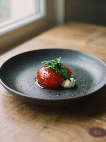 A minimal beautifully plated dish on a dark ceramic plate, warm afternoon window light casting soft shadows on a rustic wooden table, editorial food photography, 35mm film look.