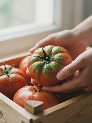 Close-up of hands gently holding fresh heirloom tomatoes in a rustic wooden crate, soft natural field light, warm editorial style, 35mm film look