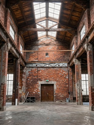 Straight-on architectural elevation of a renovated industrial warehouse interior, sandblasted brick walls, raw timber trusses, natural light streaming from high clerestory windows.