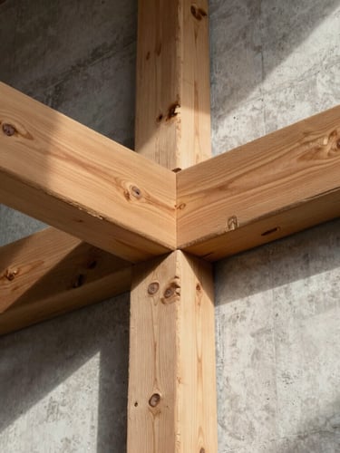 Tactile close-up of original timber beams intersecting with raw concrete walls, natural daylight casting high-contrast shadows