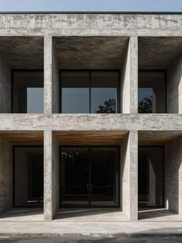 Straight-on architectural elevation of a raw concrete and timber building, natural high-contrast daylight with sharp shadows, un-staged and structurally honest framing.