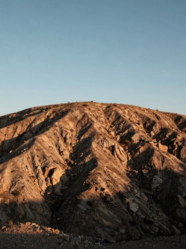 Straight-on architectural elevation of a rugged, rocky hillside lot at golden hour, sharp shadows, raw earth, clear sky, negative space on the left.