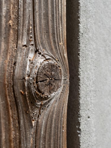 A tight, tactile macro crop of weathered raw timber meeting a smooth concrete wall, natural high-contrast side lighting