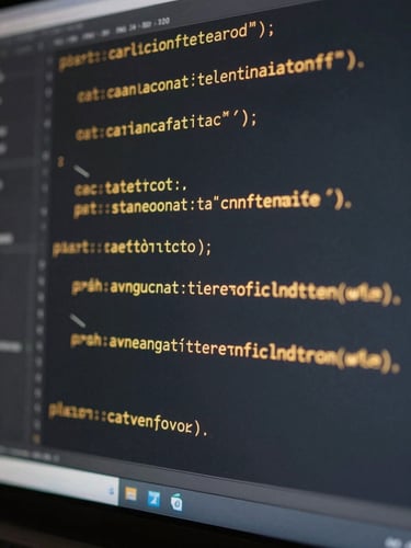 Macro close-up of a code terminal screen displaying clean, glowing gold syntax lines, reflecting off a dark glassmorphic panel in a minimalist workspace.