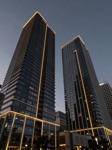 Wide-angle architectural view of modern Sandton high-rise buildings at dusk, sharp geometric lines, dramatic low-key lighting with gold rim-lights, dark sky.