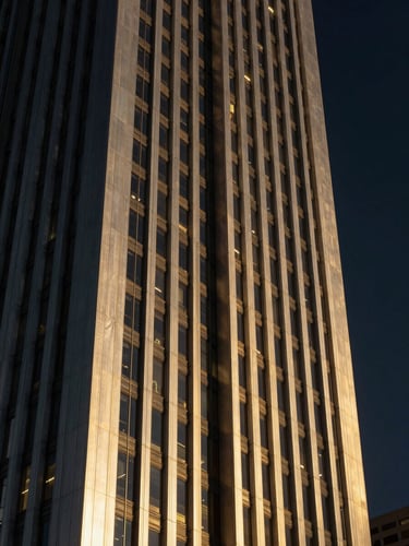 High-contrast architectural lines of a Sandton skyscraper, sharp metallic edges reflecting dramatic gold rim-light against a midnight sky.