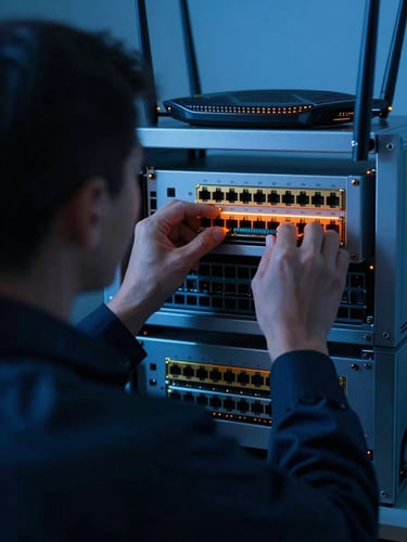 An engineer in a dark uniform configuring a router on-site, over-the-shoulder view, cool blue ambient light with sharp orange highlights, 35mm