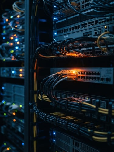 Neat server rack with glowing blue status lights, clean ethernet cabling, professional setup, low-key dark lighting with sharp orange highlights, macro lens, shallow depth of field, 35mm