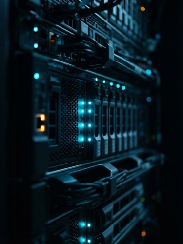 Macro shot of a clean server rack with glowing electric cyan status lights, low-key technical dark mode photography, shallow depth of field, 35mm