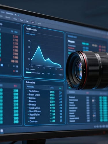 Sleek corporate technology photography, macro close-up of developer analyzing complex data visualization on a screen, cool-toned studio lighting, deep slate background with subtle electric blue backlight, 35mm lens