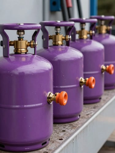 Vista de perfil de cilindros de gas propano de color morado brillante alineados en una plataforma de carga industrial, primer plano de la válvula de bronce con sello de seguridad naranja, iluminación diurna de alto contraste.