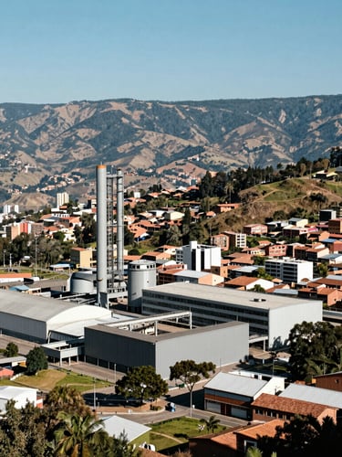 Wide panoramic shot of the Medellín Valle de Aburrá from a high vantage point, clear daylight, clean industrial focus, crisp shadows.