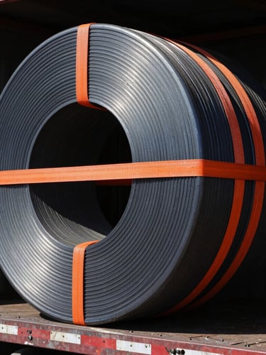 Close-up shot of heavy-duty cargo straps securing a massive steel coil on a flatbed truck, industrial background, high-contrast daylight, navy and orange color palette.