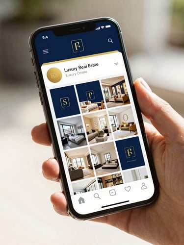 Elegant smartphone mockup showing a curated luxury real estate Instagram feed with deep navy and gold accents, held by a hand, bright natural daylight, 35mm