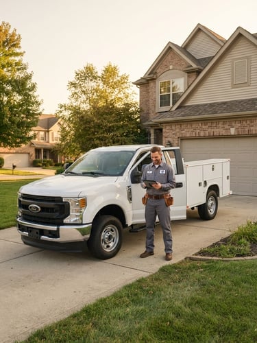 Clean branded service truck parked in a residential Lapel driveway at golden hour, technician in uniform standing beside it, sharp focus, 35mm lens.