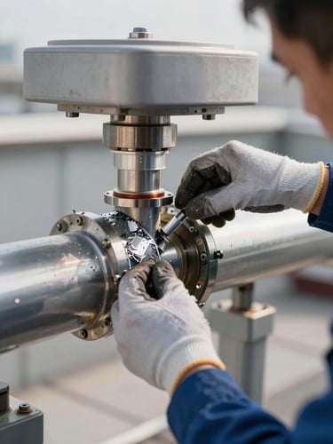 Close-up profile of a technician's gloved hands tightening a duct flange connection on a commercial HVAC trunk line, natural daylight from a rooftop access panel above, metal shavings and sealant tape visible at the joint