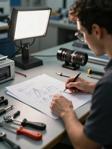 Over-the-shoulder angle of a practicing instructor pointing to schematics on a workbench in a technical training environment, dramatic sidelighting from a studio strobe illuminating the documents and the instructor's hands, tools arranged in the foreground, deep depth of field, high contrast, professional trade setting