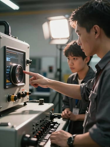 Close-up over-the-shoulder angle of a male technical instructor in a modern workshop, pointing at industrial equipment while a student observes — dramatic sidelighting from a studio strobe casting sharp shadows across metal surfaces, shallow depth of field, professional-in-action framing
