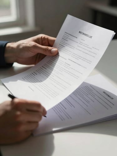 Hands of a professional spreading printed spreadsheets and contracts on a clean desk, dramatic sidelighting from a window to the left casting sharp shadows, close-up framing with a pen mid-annotation, neutral dark background