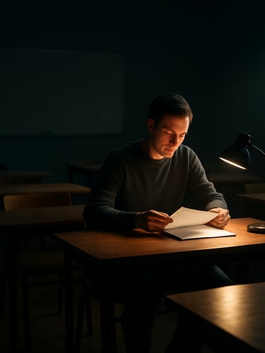 Wide environmental shot of an adult education classroom at night, dramatic sidelighting from a studio strobe casting long shadows across wooden desks, a single adult student in their 30s reviewing printed course materials under focused lamp light, depth of field blurring a whiteboard in the background, professional and composed atmosphere