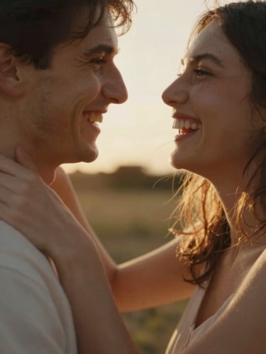 Intimate close-up of a couple laughing mid-motion, warm sun-drenched backlight, golden-hour glow, shallow depth of field, 35mm film aesthetic