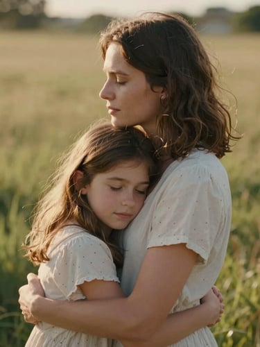 Cinematic vertical portrait of a mother and daughter sharing a quiet, unposed embrace in a sun-drenched meadow, warm low-angle light, shallow depth of field, 35mm film aesthetic.