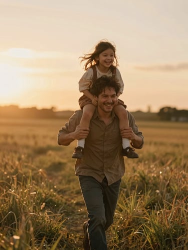 A father carrying his laughing daughter on his shoulders, running through a sun-drenched field, warm sunset flare.