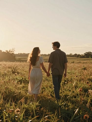 Cinematic wide-angle shot of a couple walking hand-in-hand through a sun-drenched meadow, warm golden flare, shallow depth of field, 35mm film grain.