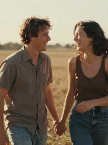 Cinematic portrait of a couple laughing mid-motion in a warm sun-drenched field, shallow depth of field, 35mm film aesthetic