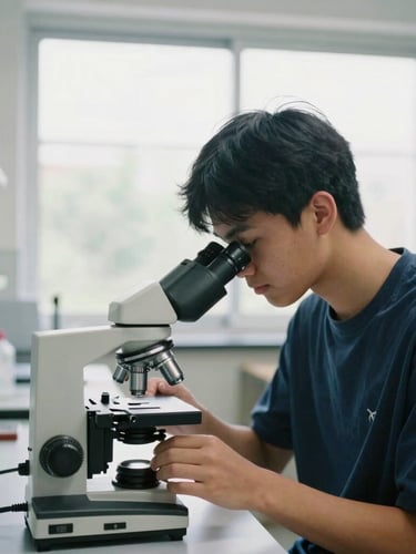 Medium-close documentary portrait of a student focused on a microscope in a bright modern biology lab, natural window light, 35mm lens